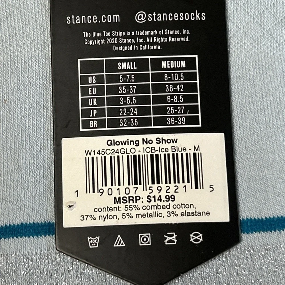 NWT Stance Cotton Women's No‎ Show Socks Glowing Ice Blue Size Medium 8-10.5